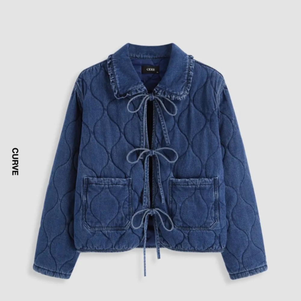 Denim Tie Front Bow Oversized Quilted Jacket Curve & Plus
